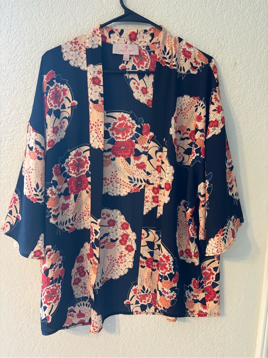 Lori felt Sweaters - Navy blue/ Orange Floral Open-Front Kimono Cardigan - size S Boho cottagecore